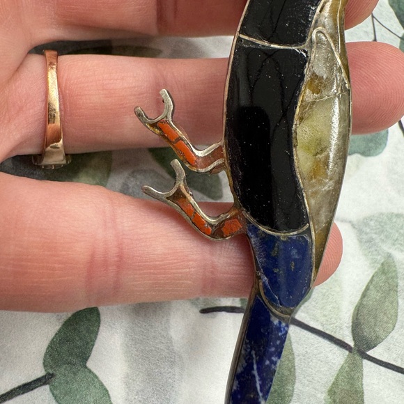 Antique multi-stone toucan bird Sterling silver brooch pin - Picture 6 of 15